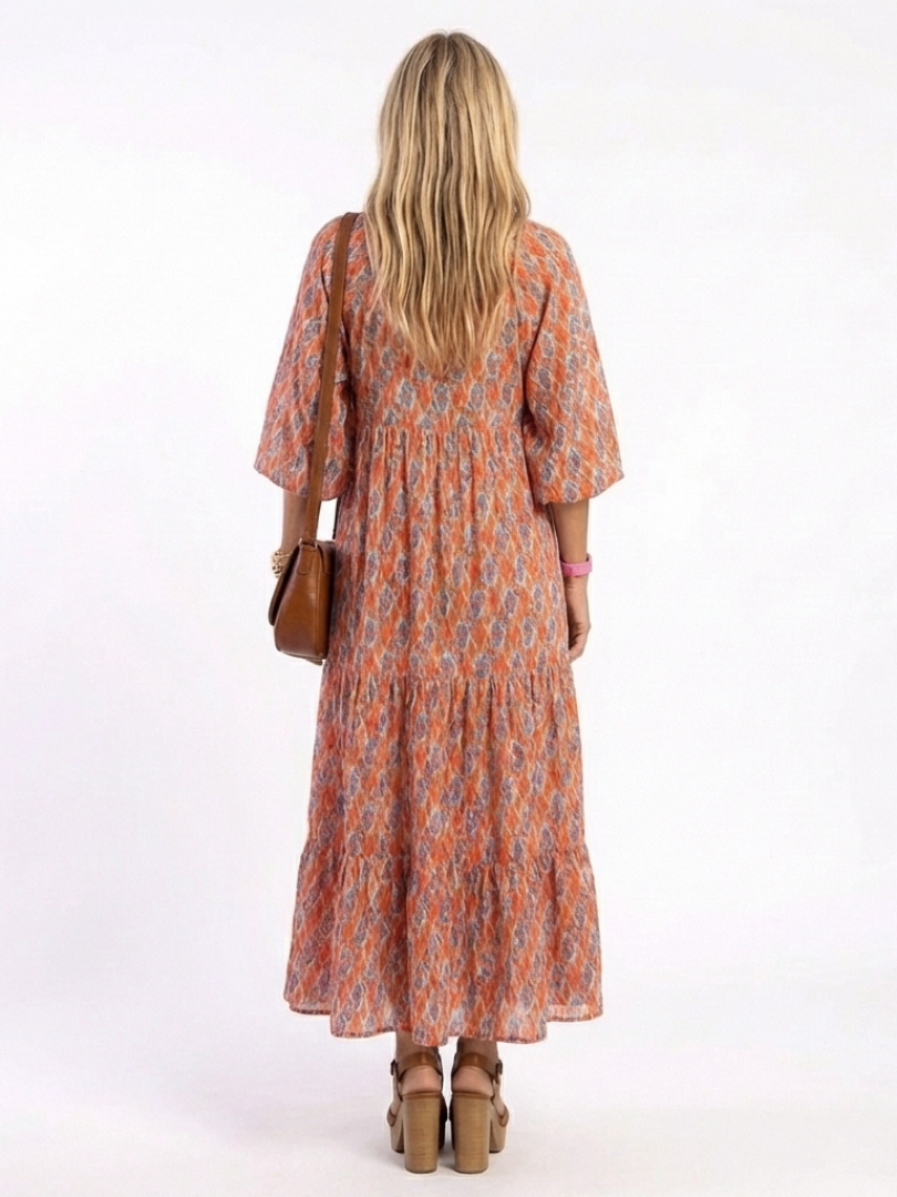 Verity Beige Geometric Tiered Midi Dress