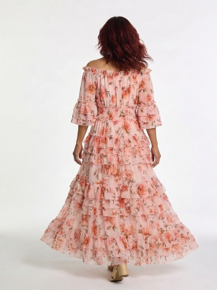 Doris Pink Off-Shoulder Ruffle Maxi Dress
