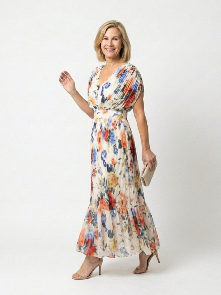 Mira Multicolor Pleated Floral Midi Dress