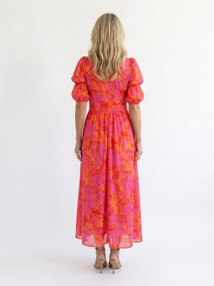 Augusta Pink Floral Puff-Sleeve Midi Dress