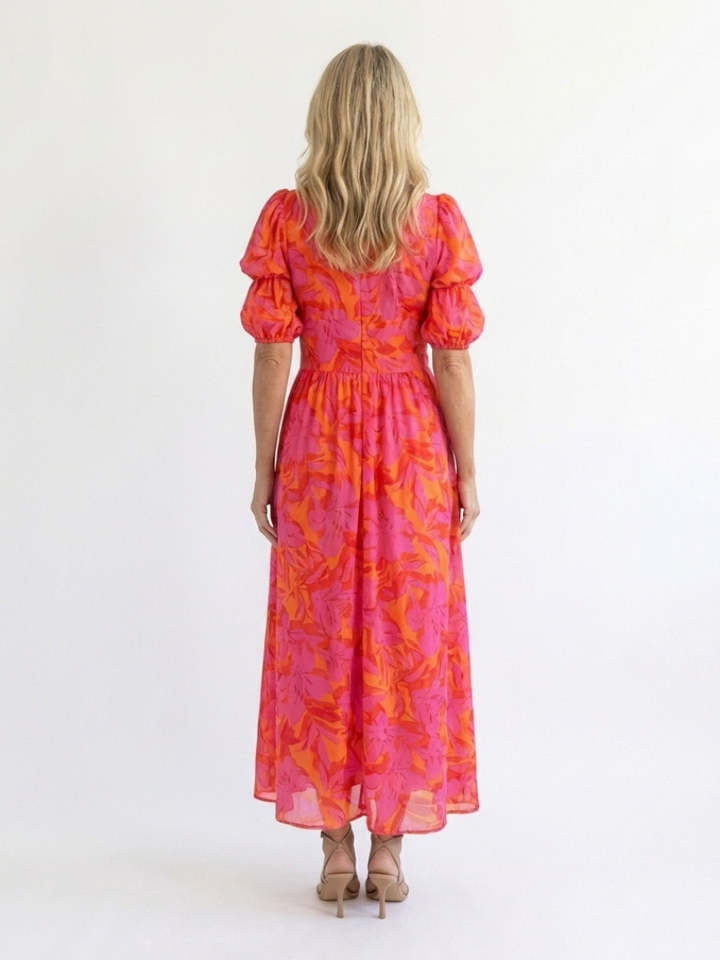 Augusta Pink Floral Puff-Sleeve Midi Dress
