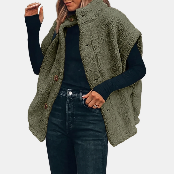 Women's Sleeveless Sherpa Fleece Button Down Vest Jacket with Pockets