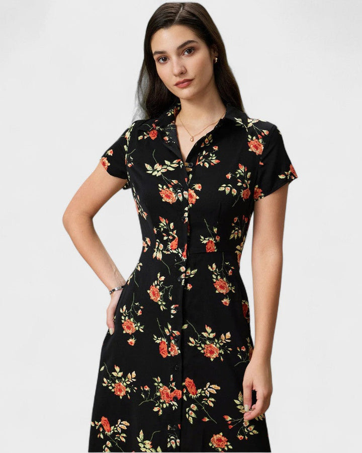 Amelia - Black Floral Button Midi Dress