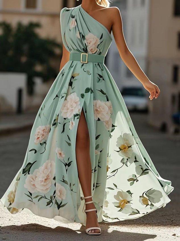 Olivia | Maxi dress chiffon with floral pattern with free shoulders light green
