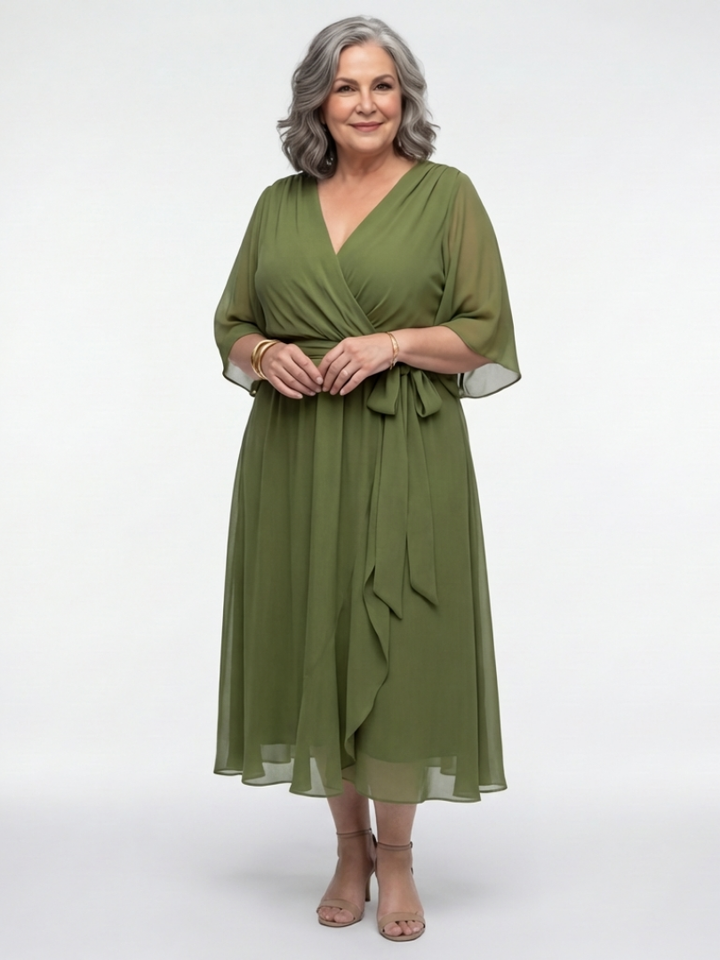 Theodora Draped Waist-Tie Midi Dress