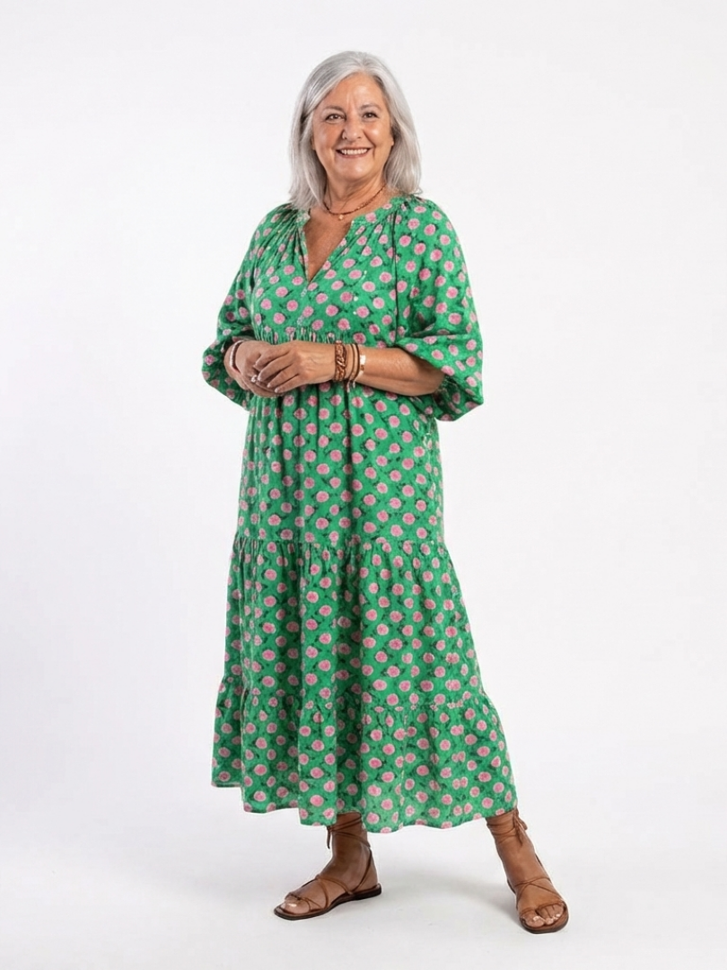 Millicent Dark Green Floral Tiered Midi Dress