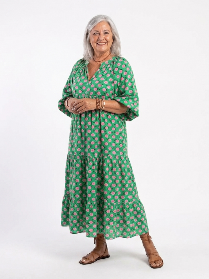 Millicent Dark Green Floral Tiered Midi Dress