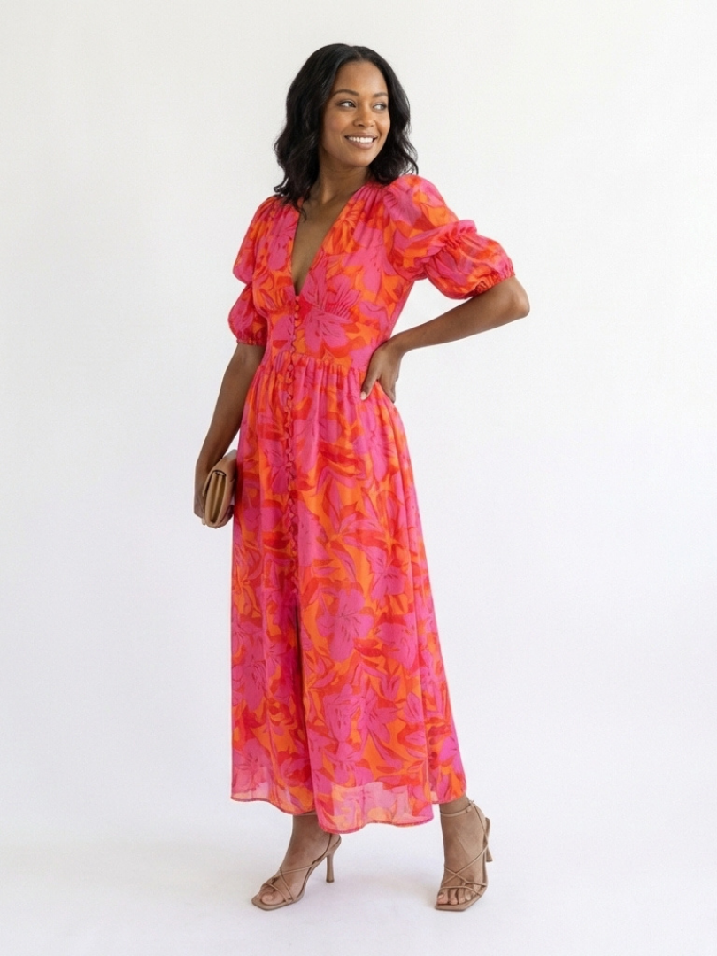 Augusta Pink Floral Puff-Sleeve Midi Dress