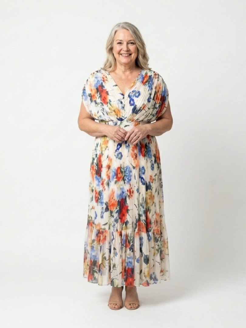 Mira Multicolor Pleated Floral Midi Dress