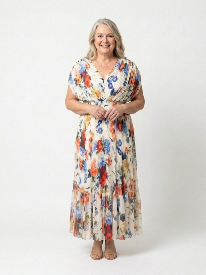 Mira Multicolor Pleated Floral Midi Dress