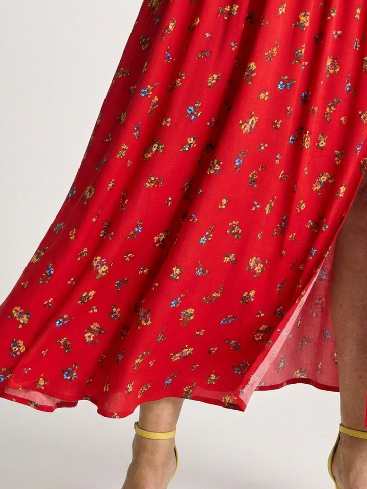 Marigold Red Floral Puff-Sleeve Midi Dress