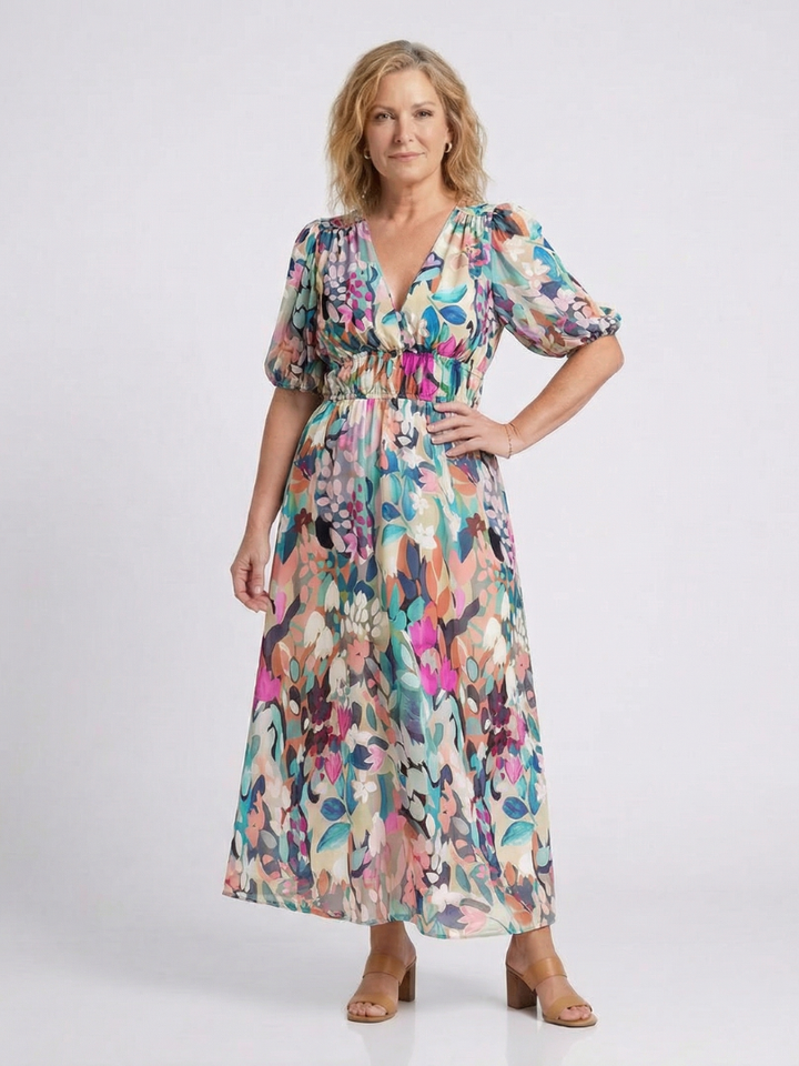 Hazel Floral Gathered-Waist Midi Dress