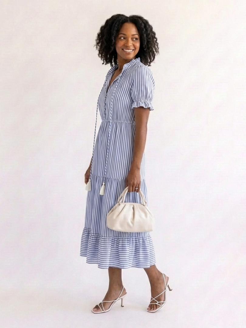 Marguerite Sky Blue Striped Tiered Midi Dress