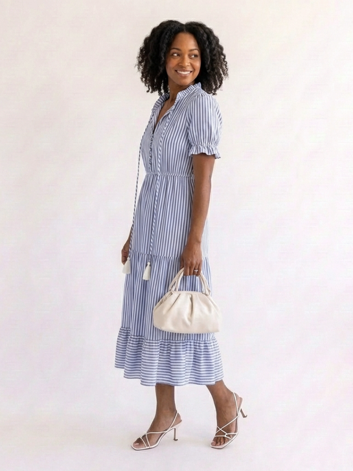 Marguerite Sky Blue Striped Tiered Midi Dress