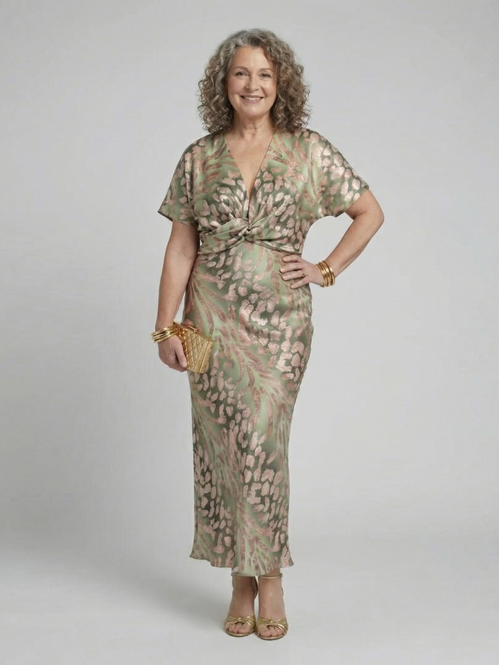 Cornelia Green Abstract Twist-Waist Midi Dress