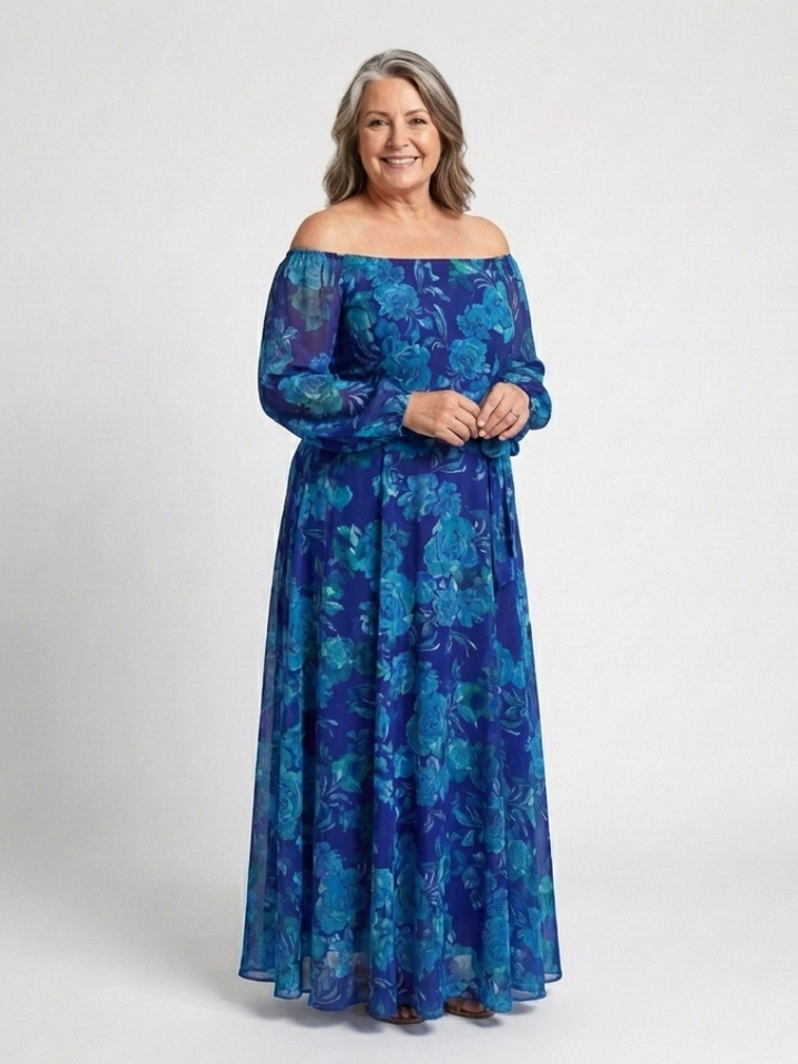Beryl Blue Floral Off-Shoulder Maxi Dress