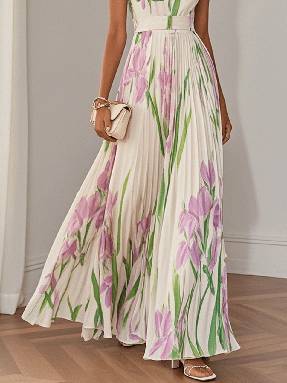 Ingrid | Maxi dress chiffon with floral pattern pleated white