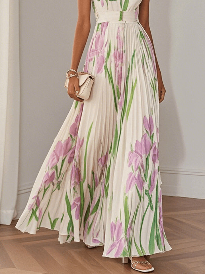 Ingrid | Maxi dress chiffon with floral pattern pleated white
