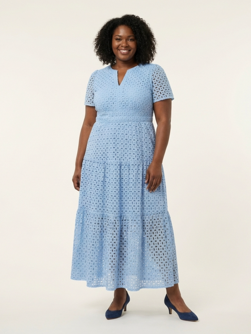 Seraphina Sky Blue Eyelet Tiered Midi Dress