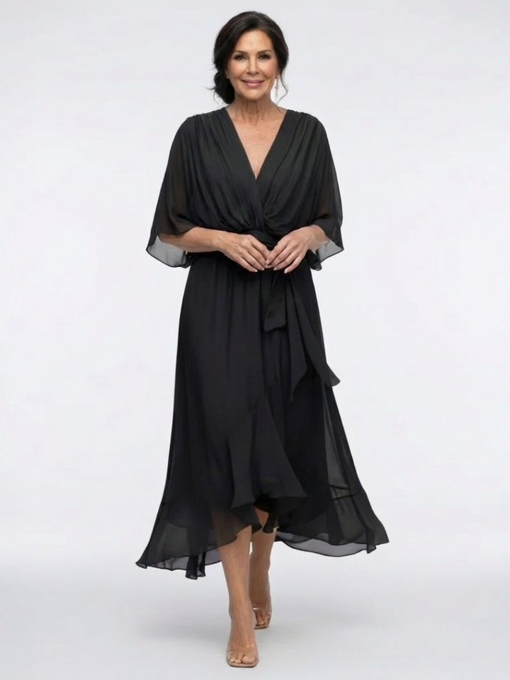 Theodora Draped Waist-Tie Midi Dress