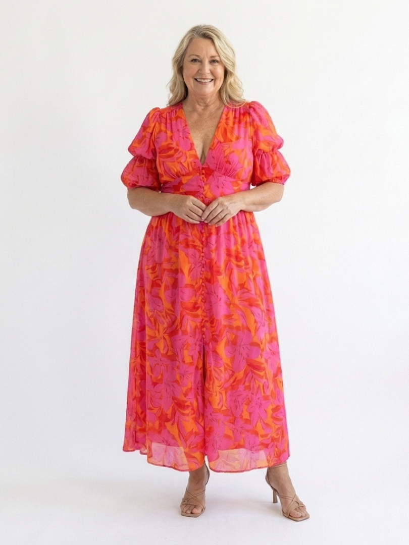 Augusta Pink Floral Puff-Sleeve Midi Dress