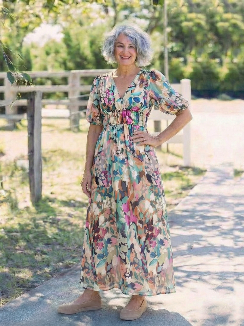 Hazel Floral Gathered-Waist Midi Dress