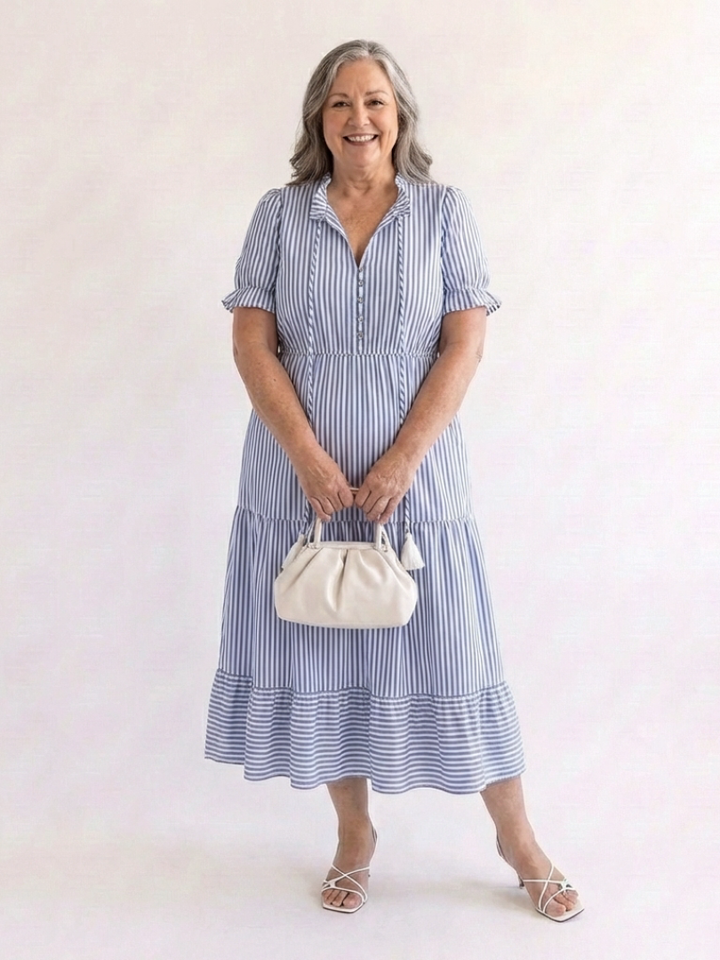 Marguerite Sky Blue Striped Tiered Midi Dress