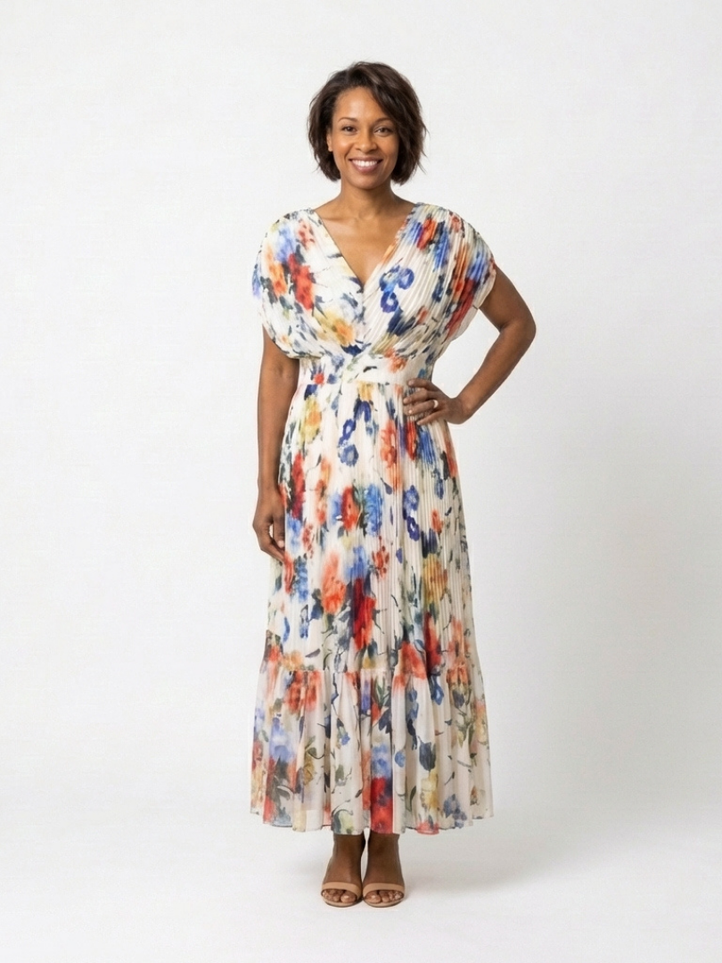 Mira Multicolor Pleated Floral Midi Dress