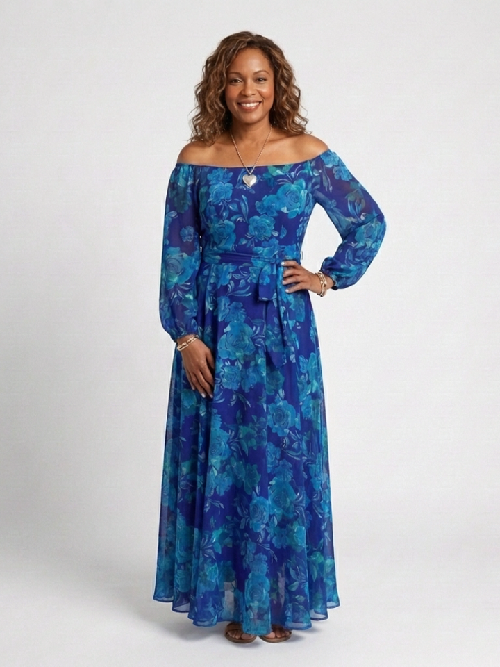 Beryl Blue Floral Off-Shoulder Maxi Dress