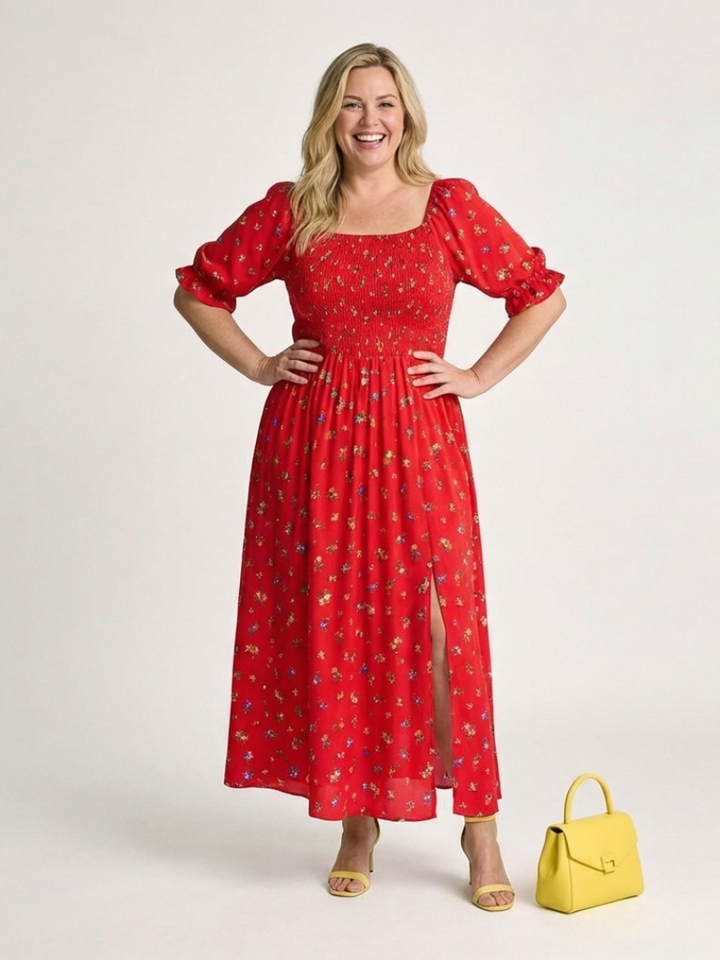 Marigold Red Floral Puff-Sleeve Midi Dress