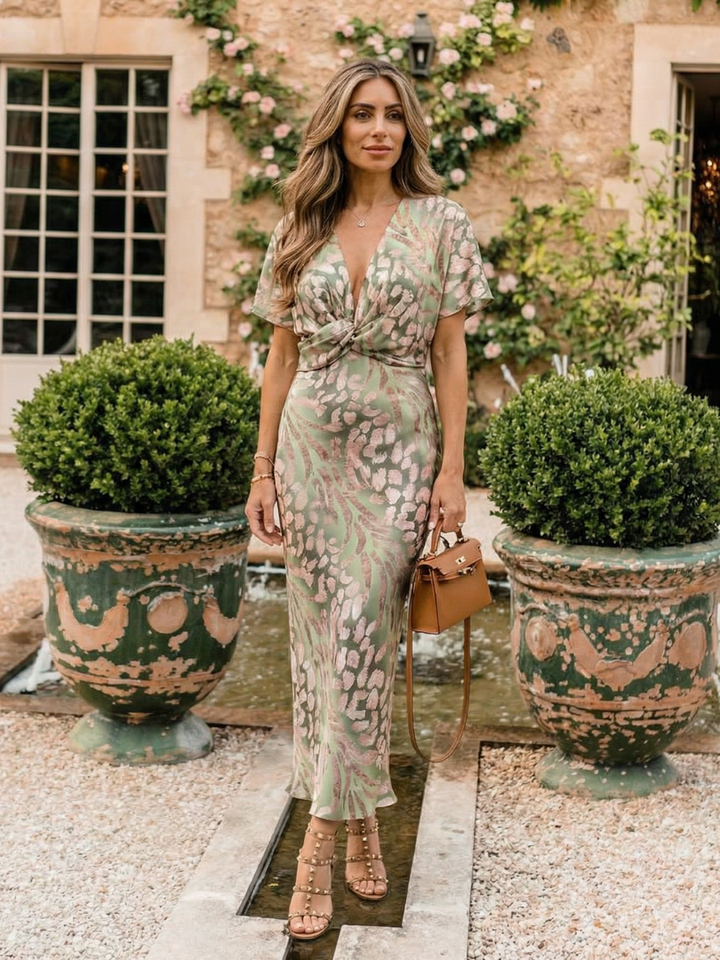 Cornelia Green Abstract Twist-Waist Midi Dress