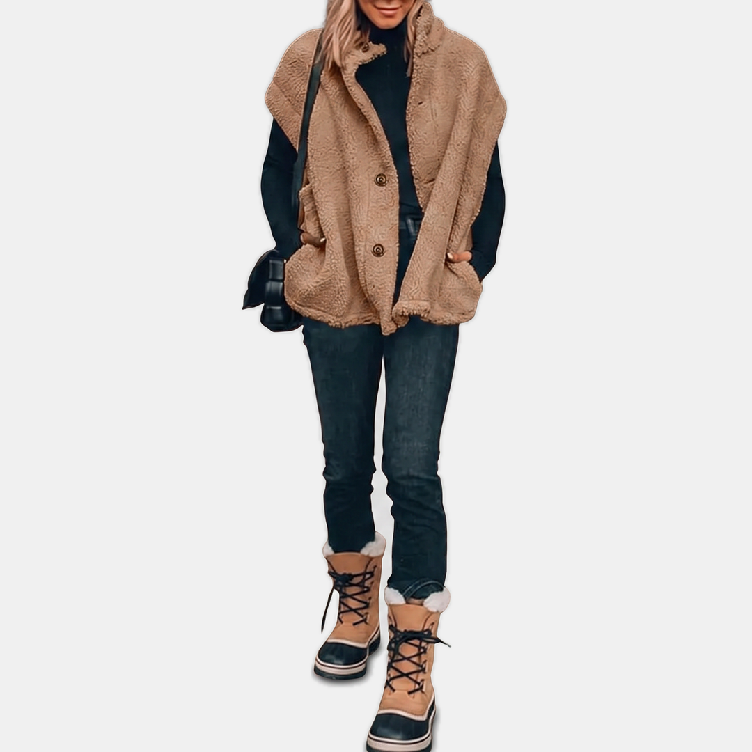 Women's Sleeveless Sherpa Fleece Button Down Vest Jacket with Pockets