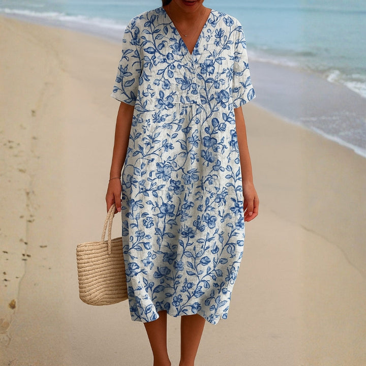 Ivy - Ivory Dress with Porcelain Blue Floral Accents