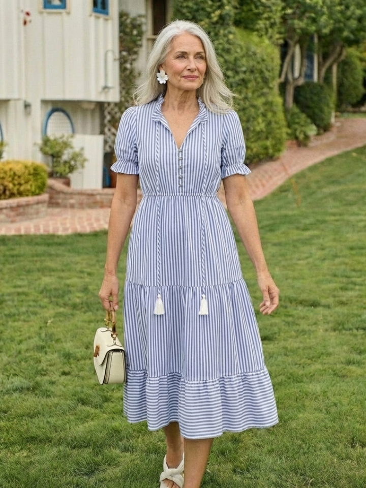 Marguerite Sky Blue Striped Tiered Midi Dress