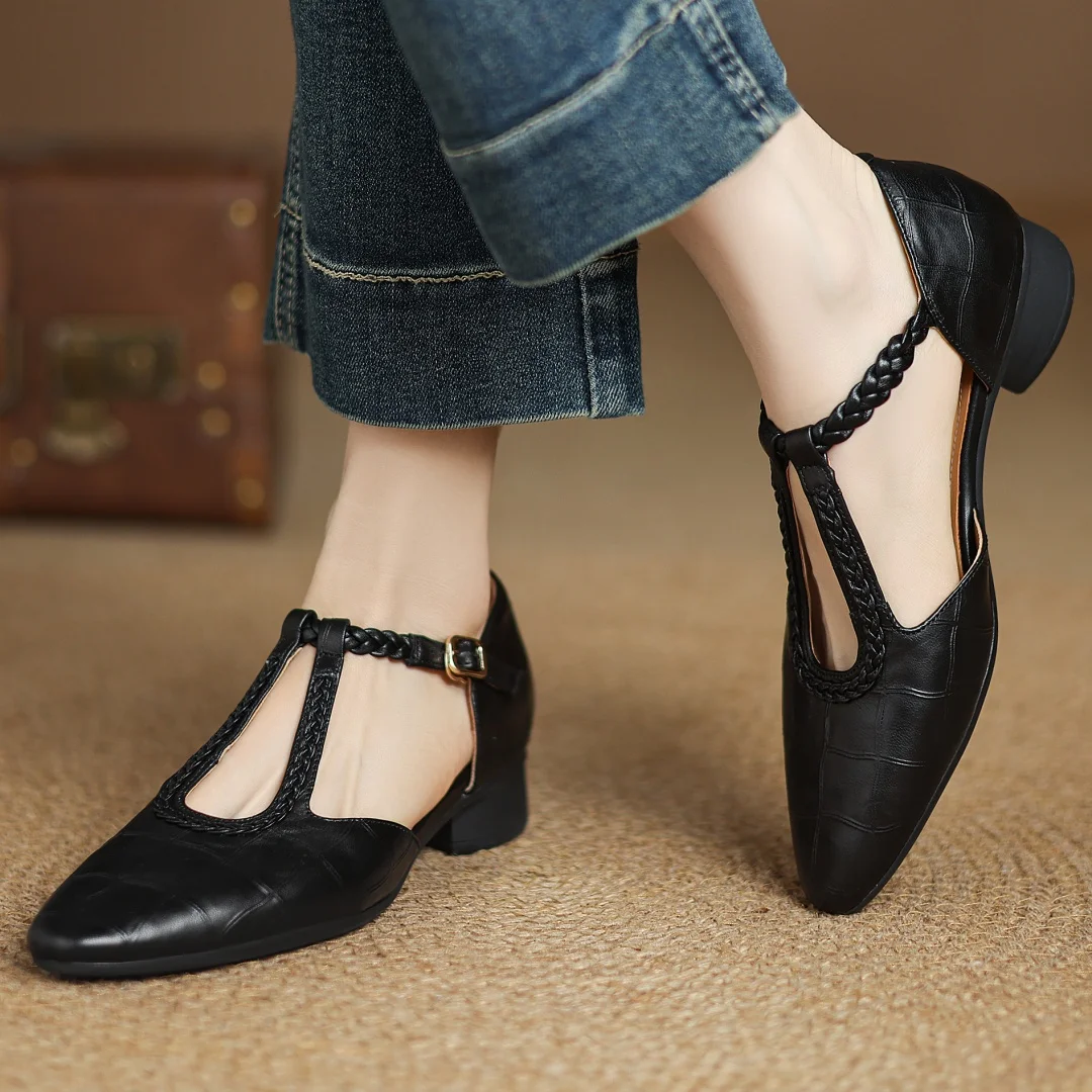 Charlotte classic leather T-bar shoes with braided detail