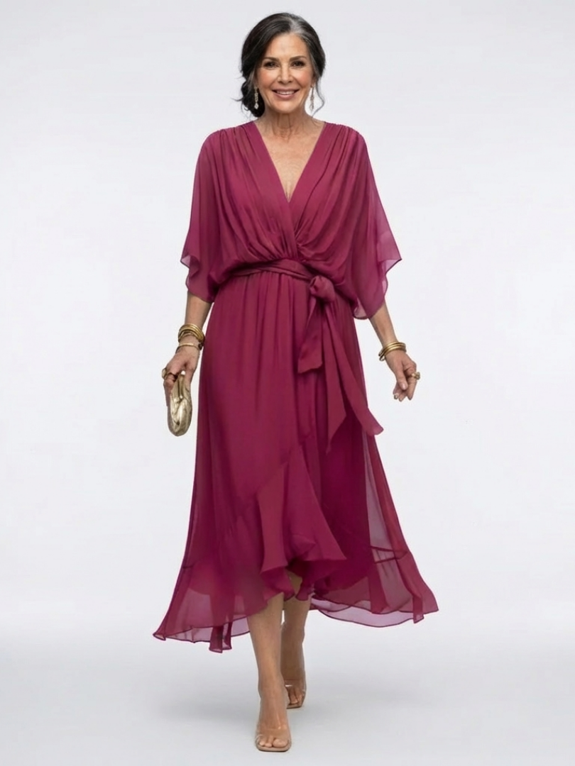 Theodora Draped Waist-Tie Midi Dress