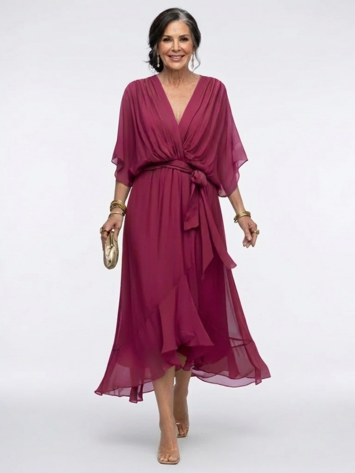 Theodora Draped Waist-Tie Midi Dress