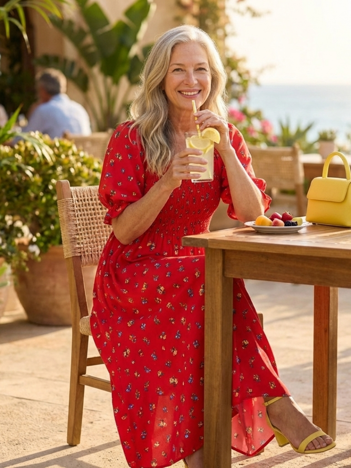 Marigold Red Floral Puff-Sleeve Midi Dress