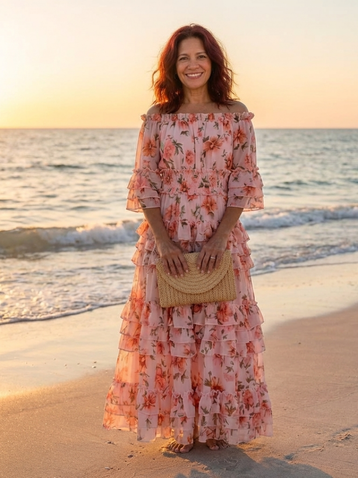 Doris Pink Off-Shoulder Ruffle Maxi Dress