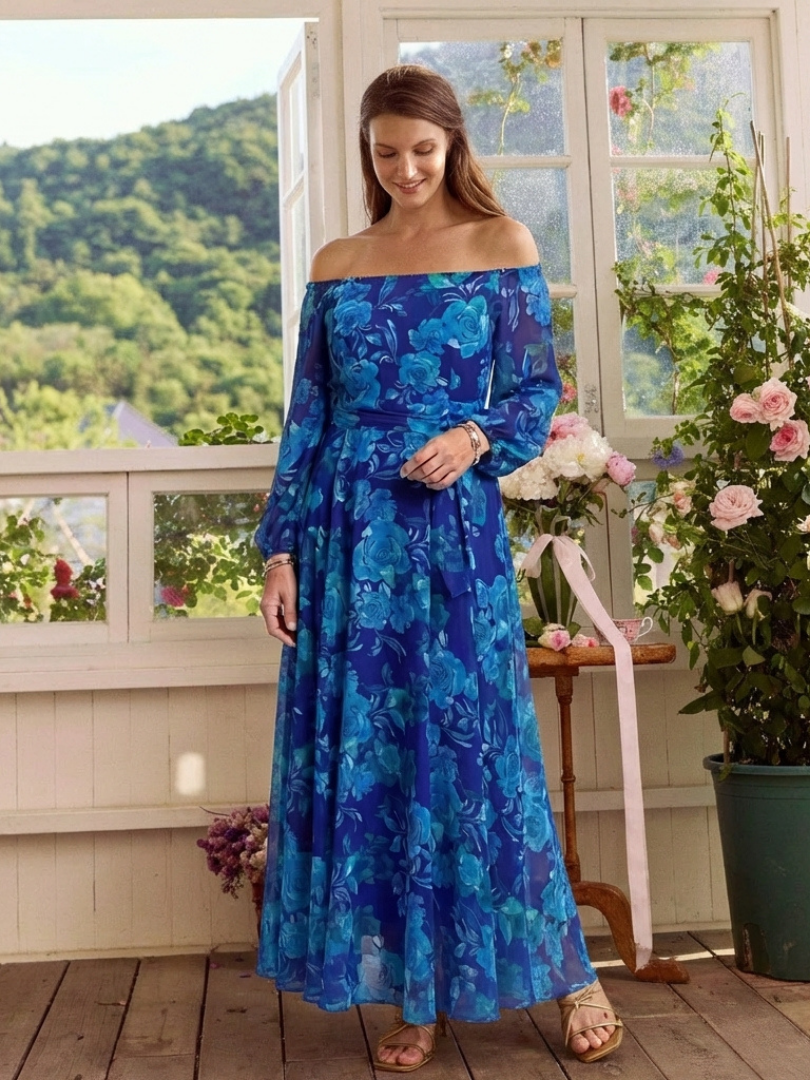 Beryl Blue Floral Off-Shoulder Maxi Dress