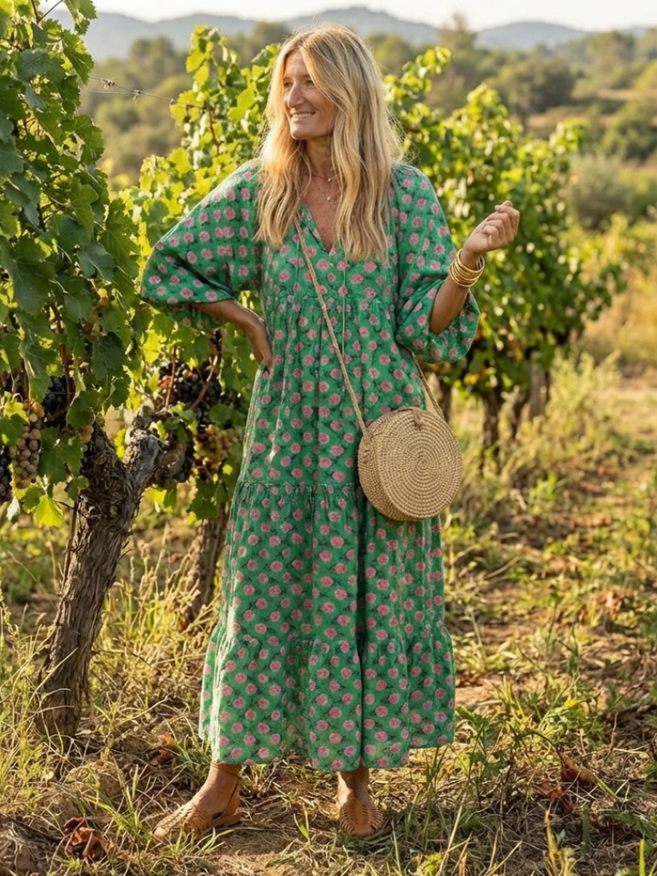 Millicent Dark Green Floral Tiered Midi Dress