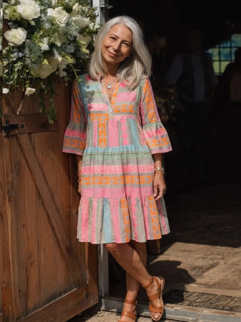 Wilhelmina Pink Geometric Tiered Dress