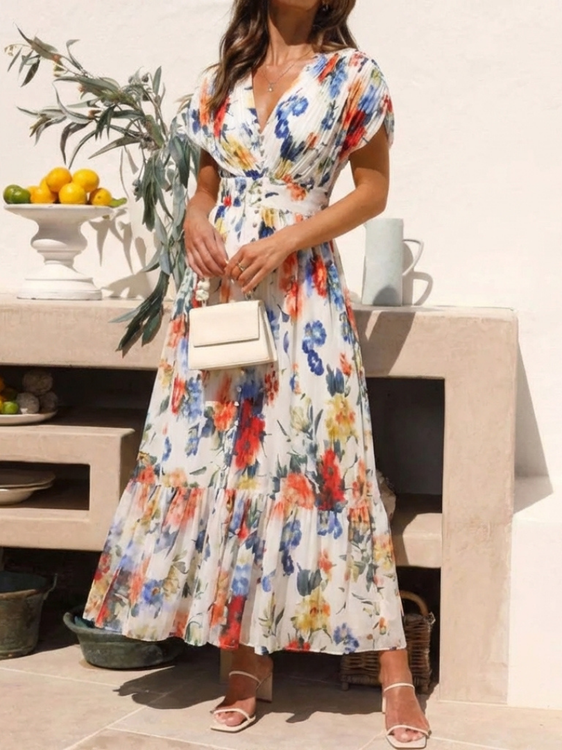 Mira Multicolor Pleated Floral Midi Dress
