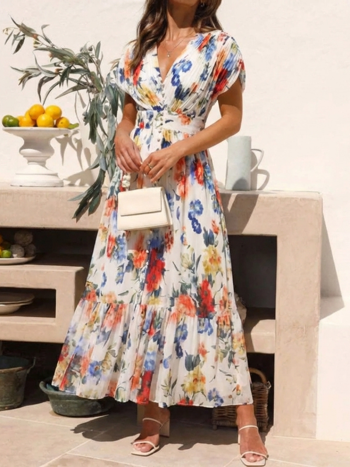 Mira Multicolor Pleated Floral Midi Dress