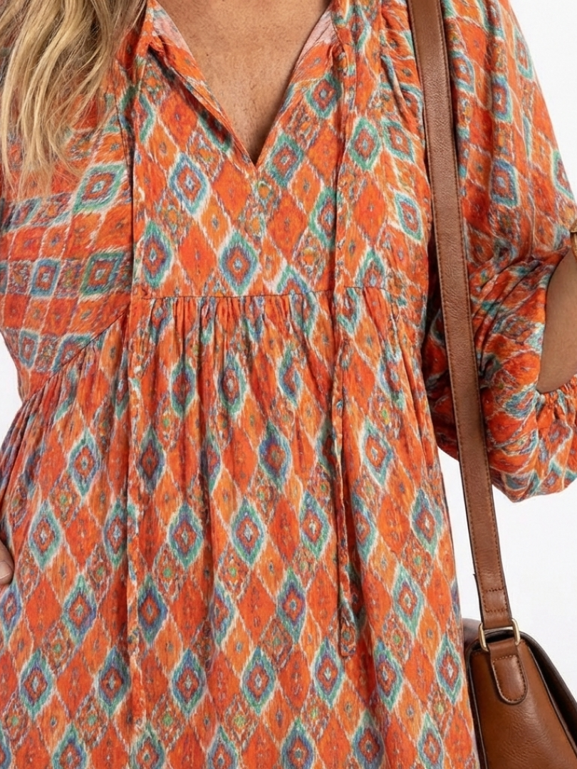 Verity Beige Geometric Tiered Midi Dress
