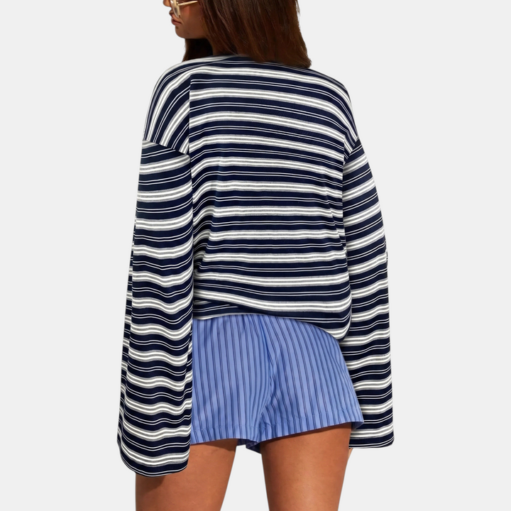Women's Colour Block Striped Long Sleeve Round Neck Fitted Top