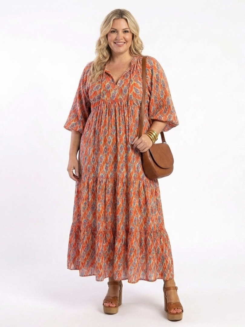 Verity Beige Geometric Tiered Midi Dress