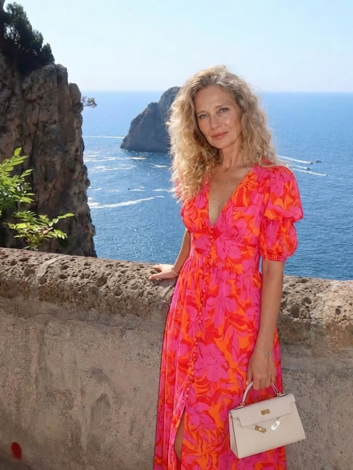 Augusta Pink Floral Puff-Sleeve Midi Dress