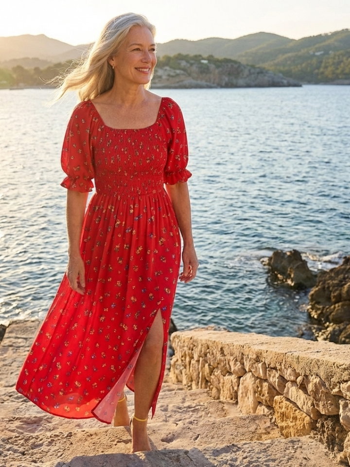Marigold Red Floral Puff-Sleeve Midi Dress