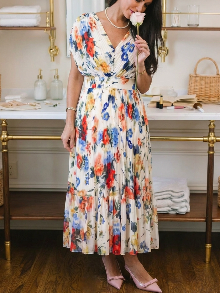 Mira Multicolor Pleated Floral Midi Dress